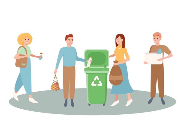 Set of happy men and women sorting and recycling and reuse the garbage. Zero waste concept. Bundle of cute funny people putting rubbish in trash bins, dumpsters or containers. Flat illustration