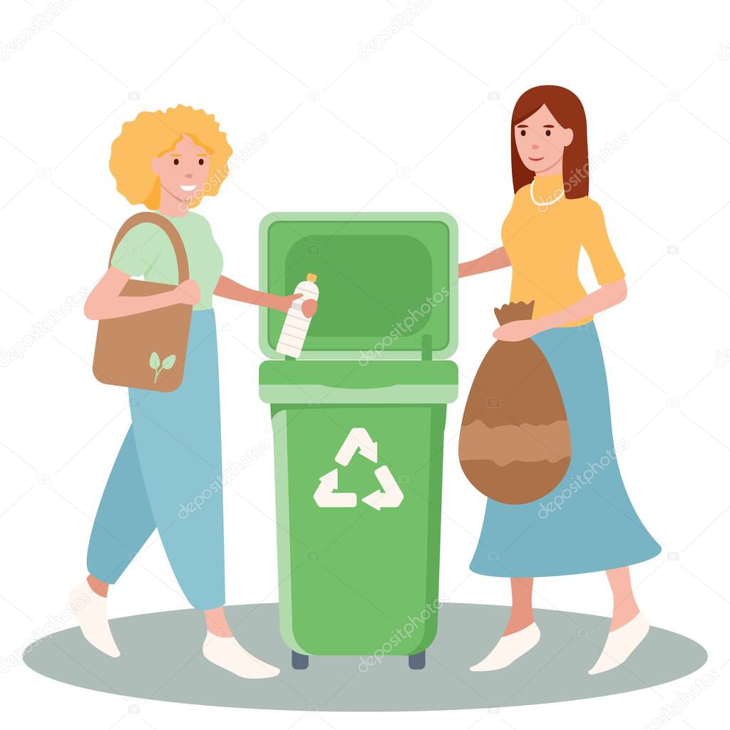 Set of happy women sorting and recycling and reuse the garbage. Zero waste concept. Bundle of cute funny people putting rubbish in trash bins, dumpsters or containers. Flat vector illustration