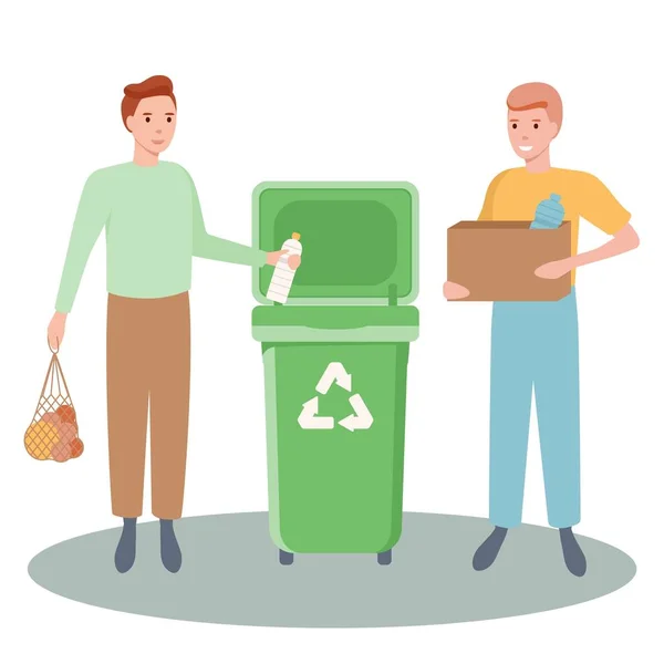 stock vector Set of happy men sorting and recycling and reuse the garbage. Zero waste concept. Bundle of cute funny people putting rubbish in trash bins, dumpsters or containers. Flat vector illustration