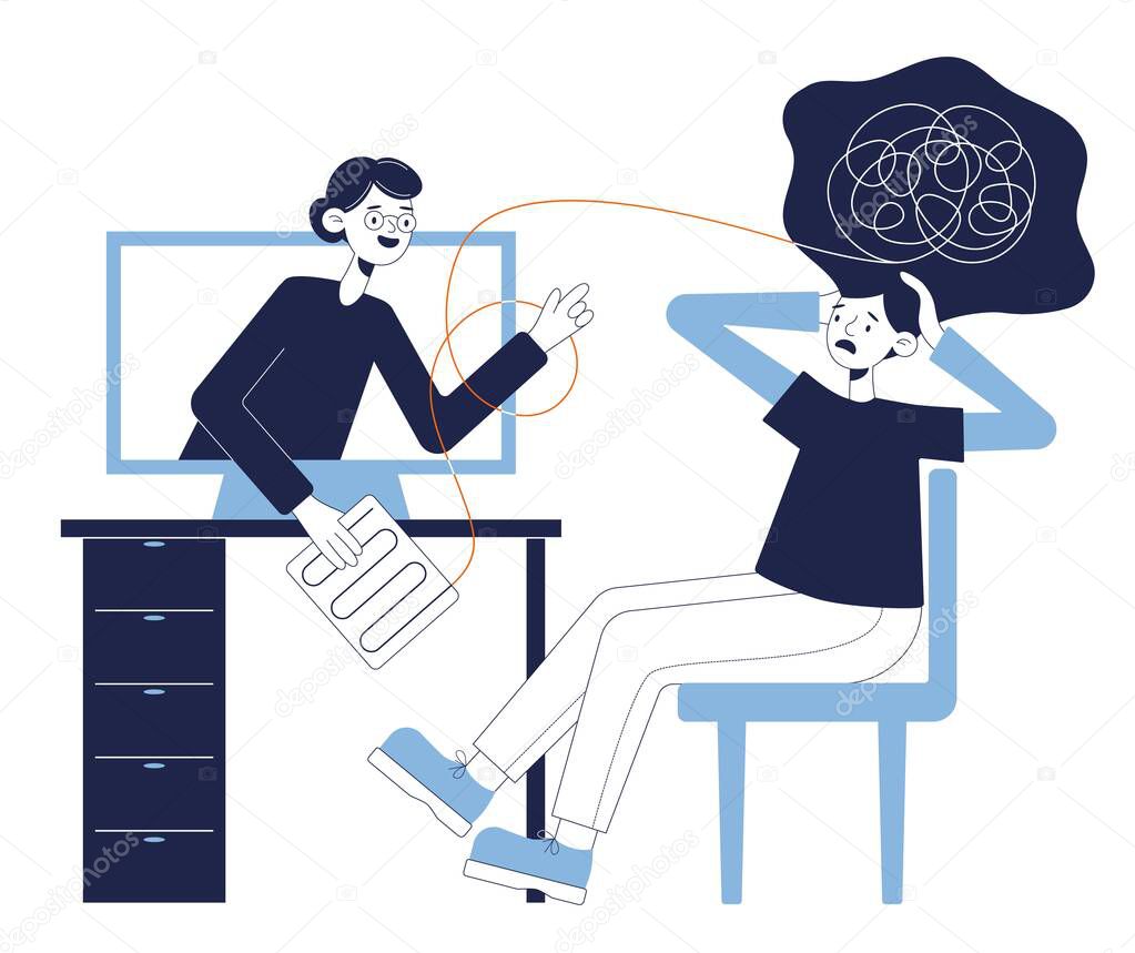 Female psychologist-consultant online. A doctor and a patient discuss a mental tangled rope using a computer for a remote conversation. Vector illustration for counseling, therapy, psychology.