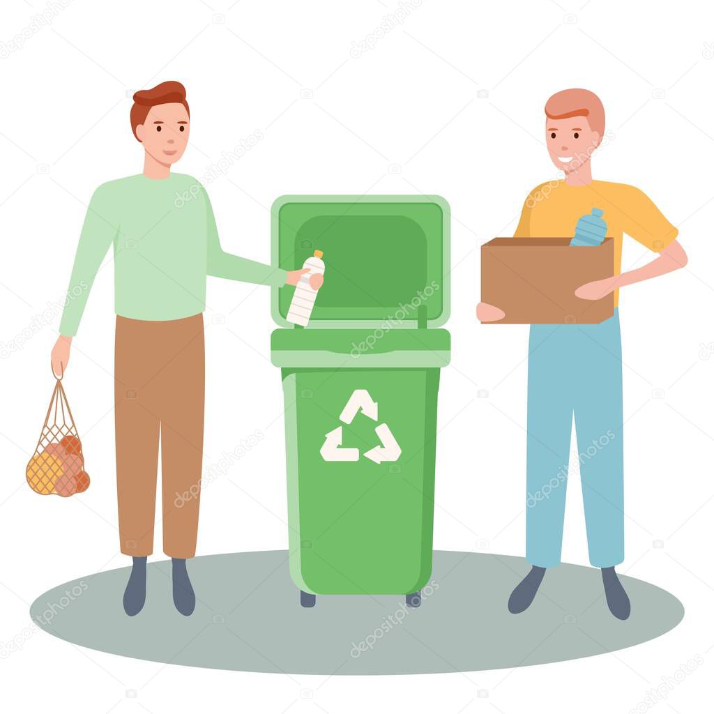 Set of happy men sorting and recycling and reuse the garbage. Zero waste concept. Bundle of cute funny people putting rubbish in trash bins, dumpsters or containers. Flat vector illustration