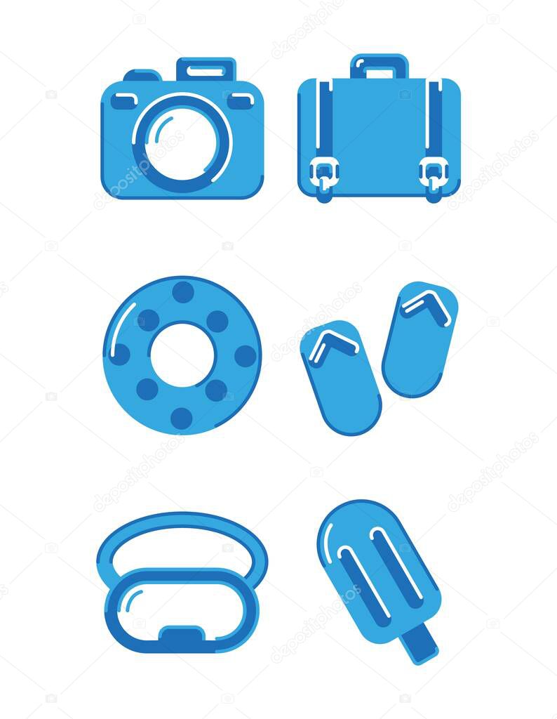 Flat icons of airplane travel, summer vacation planning, tourist and tourist facilities and passengers luggage. Vector illustration.