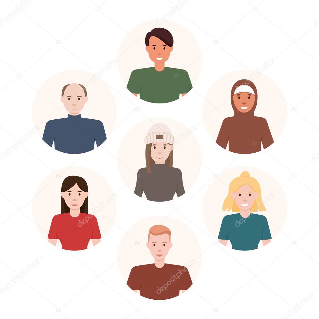 People avatar set. Male and female faces flat vector illustrations set. Cartoon women and men characters pack. Trendy appearance changing concept. People portraits, cliparts collection