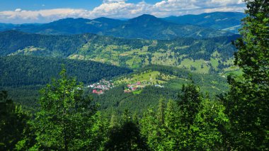 Ceahlau Dağları 'nın yeşil tepeleri ve otlaklarında, kozalaklı ormanlarla çevrili kırsal bir tatil köyü. Carpathia, Romanya.