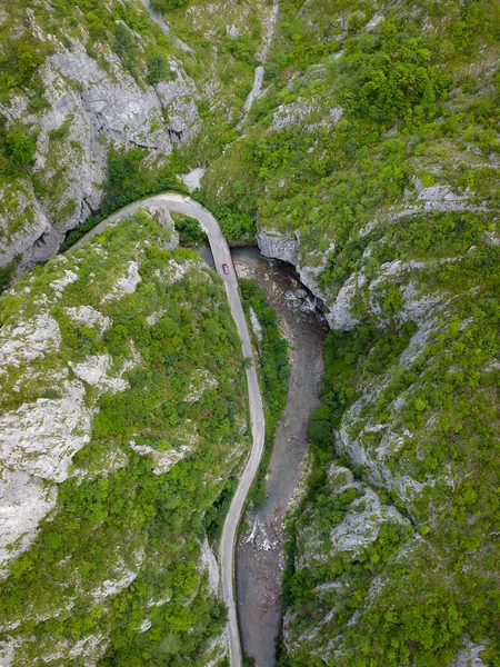 Sohodol Vadisi 'ndeki dikey taş duvarlar ve uçurumlarla daraltılmış bir kanyondan akan bir nehrin dikey drone panoraması. Carpathia, Romanya.