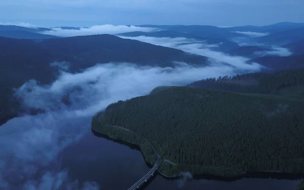 Vista Aérea Drones Sobre Lago Oasa Florestas Abetos Selvagens Nas — Fotografia de Stock