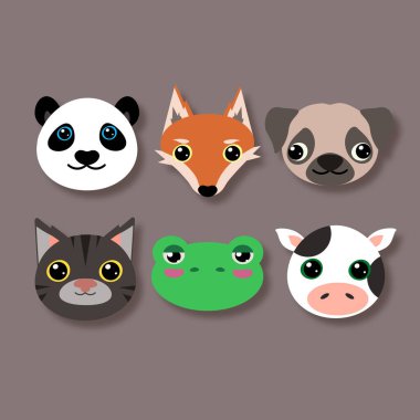    Bir grup hayvan ikonu. Panda, tilki, köpek, kedi, kurbağa, inek
