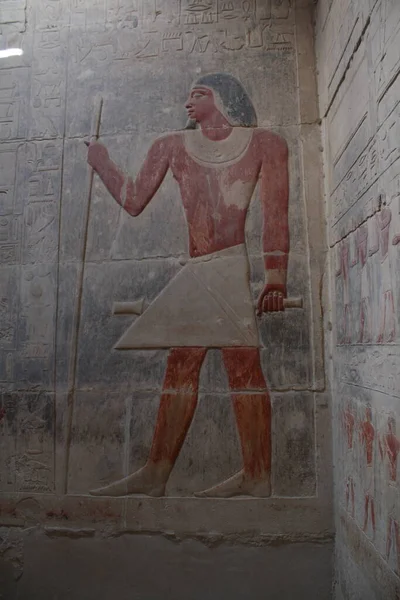 Єгипет Музейний Комплекс Саккарі Стародавні Барельєфи Частково Збереженою Фарбою Стінах — стокове фото