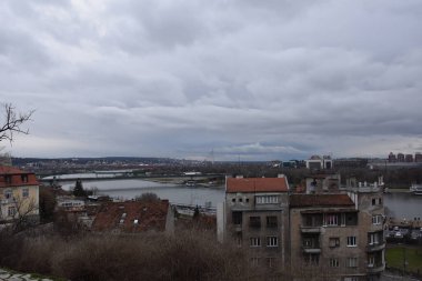 Belgrade cityscape overlooking the Sava River and the roofs of old buildings