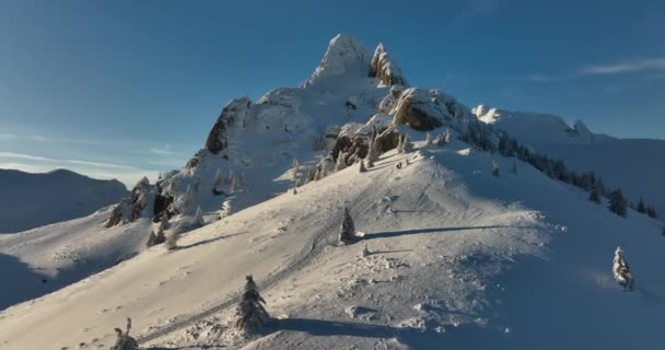 Volar sobre y alrededor de las montañas de Ciucas Rumania en enero 2022 Día soleado. — Vídeos de Stock