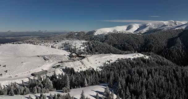 Vlieg over en rond de bergen van Ciucas Roemenië in januari 2022 Zonnige dag. — Stockvideo
