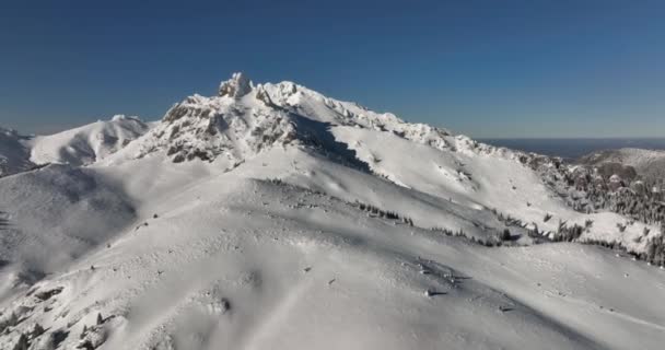 Flug über und um die Berge von Ciucas Rumänien im Januar 2022 Sonniger Tag. — Stockvideo