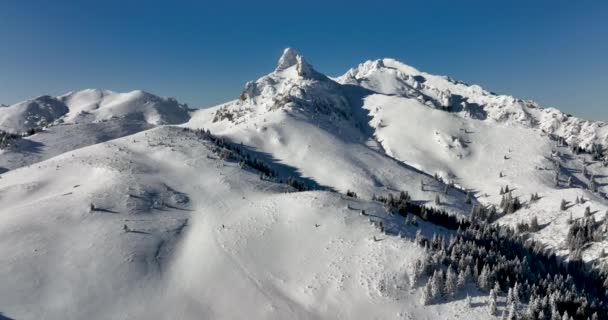 Flug über und um die Berge von Ciucas Rumänien im Januar 2022 Sonniger Tag. — Stockvideo