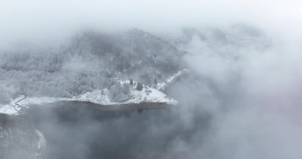 Снимок беспилотника с прекрасным озером. Зимний туманный пейзаж. Румыния Декабрь 2021 года — стоковое видео