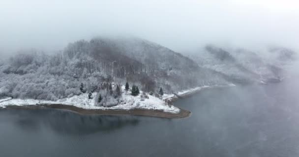 Drone shot van een prachtig meer. Wintermistige omgeving. Roemenië december 2021 — Stockvideo