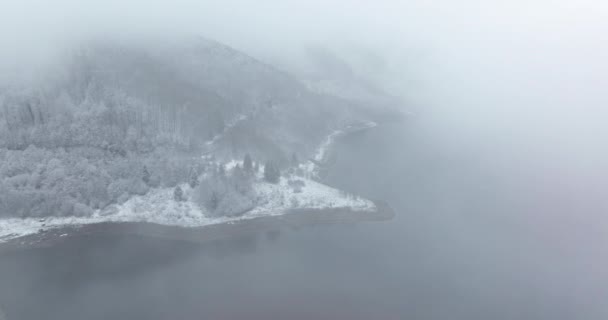 Drone colpo di un bellissimo lago. Paesaggi nebbiosi invernali. Romania dicembre 2021 — Video Stock