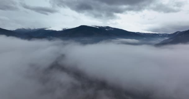 Clip di montagna con fitta nebbia. Veduta aerea drone di un bellissimo paesaggio — Video Stock