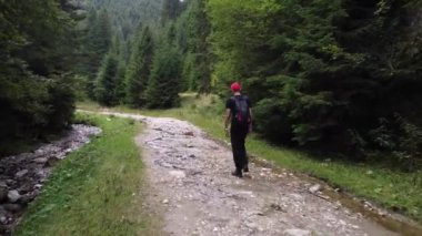 Yolda yürüyen ve seyahat eden bir adam. Romanya 'nın dağlık kesimlerinde yürüyüş
