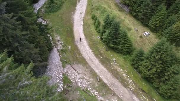 Aerial drone Shot of a active young man walking in a fairy stream in Romania — Vídeos de Stock