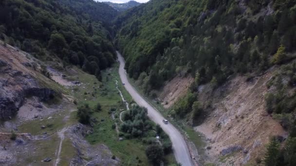 A wide Drone shot tracking a Car Driving a Road moving through the wilderness — Vídeos de Stock