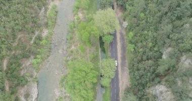 Fransız Yolu, Sinematik 4k Hava Manzarası Çam ağacı arasındaki asfalt yol üzerinde 