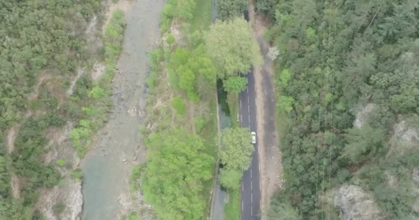 Franse Weg, Cinematic 4k Luchtfoto over een asfaltweg tussen dennenbomen — Stockvideo