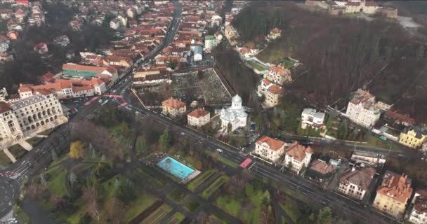 Brasov Roménia Vista Aérea Drone Igreja Ortodoxa Luterana Imagens Alta — Vídeo de Stock