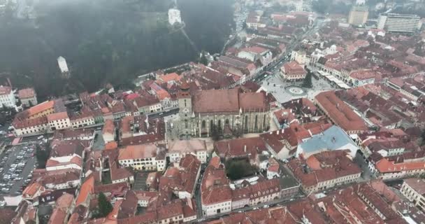 Aerial Drone View Black Church Old Brasov Central Council Square – Stock-video