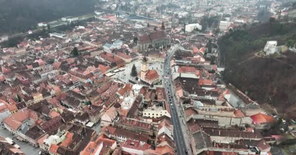 Epic Aerial View Magnificent Brasov Buidings Foggy Morning High Quality — Stock Video