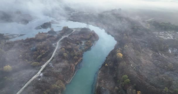 Luchtfoto Van Roemenië Platteland Herfst Zonsopgang Zonsopgang Vroege Mist Hoge — Stockvideo