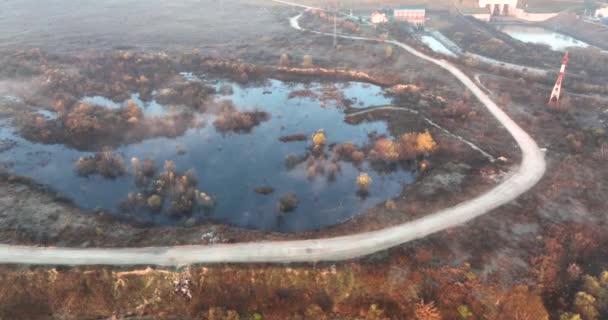 Prachtige Top Drone Beelden Van Een Gebogen Landweggetje Een Meertje — Stockvideo