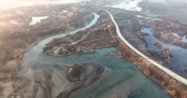 Blauw Cyaanmeer Vogels Vliegen Rivier Zonsopkomst Kleuren Met Mist Goedemorgen — Stockvideo