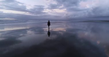 Romantik, hayalperest ve özgür genç bir kızın insansız hava aracı videosu. DJI Phantom 4 PRO görüntüleri. Sahil günbatımının yansıması yerde. Eylül 2020, L epiguette, Güney Fransa 