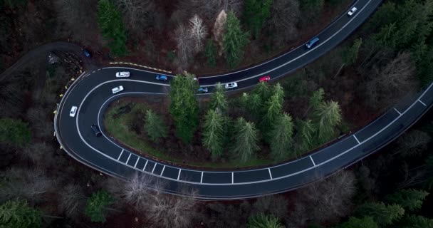 Aerial Top Drone Shot Winding Mountain Road Close Sunset Cars — Wideo stockowe