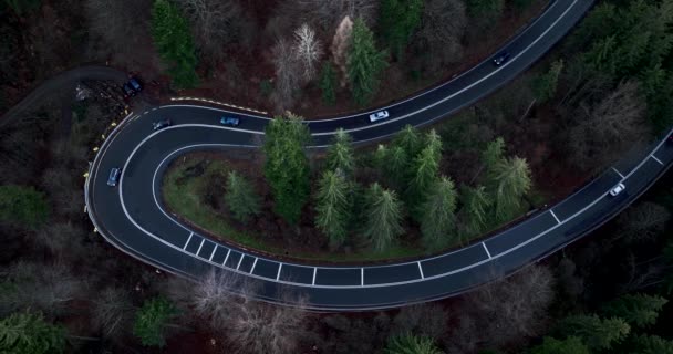 Aerial Top Drone Shot Winding Mountain Road Close Sunset Cars — Stockvideo