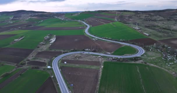Aerial View Rural Curved Road Romania Small Passenger Cars Passing — 图库视频影像