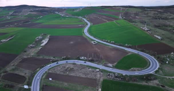 Aerial View Rural Curved Road Romania Small Passenger Cars Passing — 图库视频影像