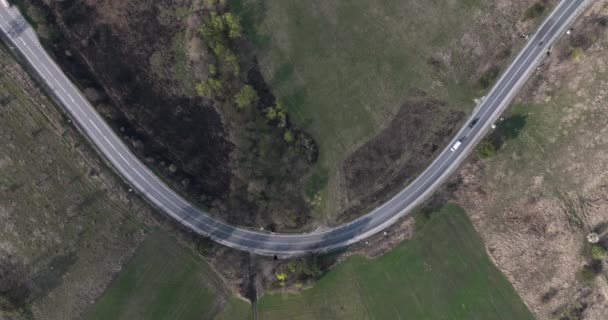 Aerial Top Cinematic Summer Country Road Cars Driving Curved Road — Wideo stockowe