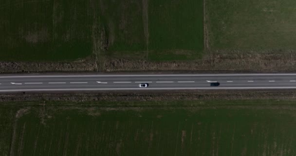 Steady Aerial Top Shot Passing Cars Trucks Country Road High — Wideo stockowe