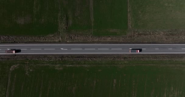 Steady Aerial Top Shot Passing Cars Trucks Country Road High — Wideo stockowe