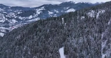 Aerial circling epic winter snow-covered valley in Hunedoara. Abstract nature. High-quality DJI Mavic 3 5.1k and 4k footage shot in January 2022 in Borsa, Romania a town in eastern Maramures County