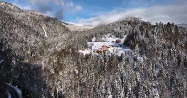 Flight through spruce forest trees revealing snow-covered mountains and houses. High-quality DJI Mavic 3 5.1k and 4k footage shot in January 2022 in Borsa, Romania a town in eastern Maramures County