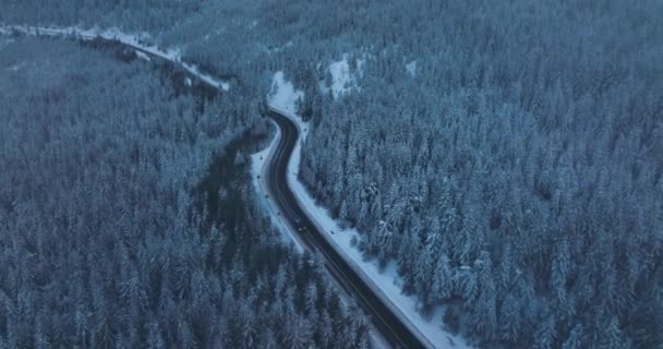 Drone Flying Narrow Winding Road Middle Snow Covered White Mountain — Vídeos de Stock