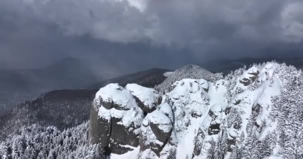 Epic Aerial Cinematic Mountains Peaks Sunny Snowy Winter Day High — Stockvideo