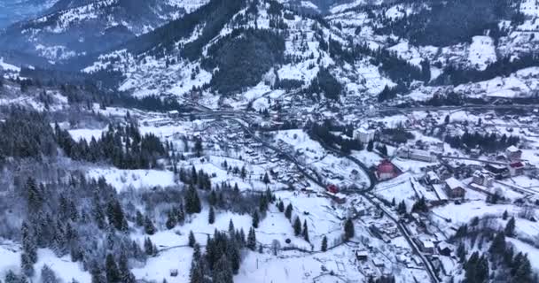 Small Mountain Town Covered Snow Sunny Winter Day Hunedoara Romania — Stok video