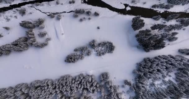 Aerial Top Cinematic Winter Snow Covered Country Road Asphalt Road — Stockvideo