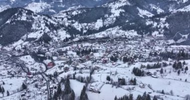 Winter forest nature snow covered winter trees alpine landscape late night. High-quality DJI Mavic 3 5.1k and 4k footage shot in January 2022 in Borsa, Romania a town in eastern Maramures County