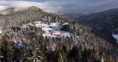 Flight through spruce forest trees revealing snow-covered mountains and houses. High-quality DJI Mavic 3 5.1k and 4k footage shot in January 2022 in Borsa, Romania a town in eastern Maramures County