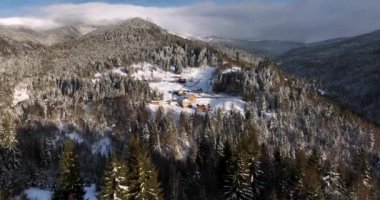 Flight through spruce forest trees revealing snow-covered mountains and houses. High-quality DJI Mavic 3 5.1k and 4k footage shot in January 2022 in Borsa, Romania a town in eastern Maramures County