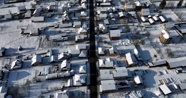 Aerial Birds Eye View Small Romanian Village Snow Covered Roof — Stock video